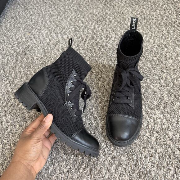 SCHUTZ Shoes - Schutz Aimee Black Leather Knit Combat Boots Lace Up Lug Sole Size 37 US 7